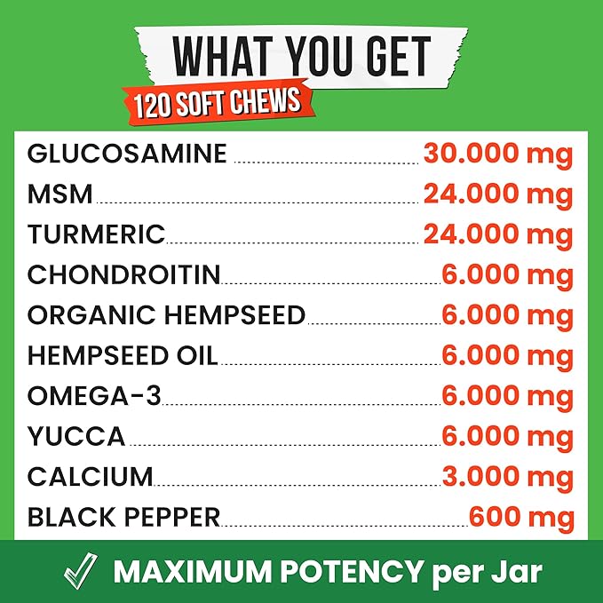 Hemp Treats - Dog Joint Supplement - Mobility Support Chews w/Glucosamine Chondroitin, Turmeric, MSM - Hip & Joint Chews - Joint Pain Relief Treats - 120Ct