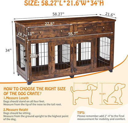 Dog Crate Furniture with 5 Doors, 58" Wooden Dog Kennel End Table with Large Capacity Drawers, Dog House with Openable Divider for Small/Medium/Large Dog,Dog Cage,Side End Table (Rustic Brown)