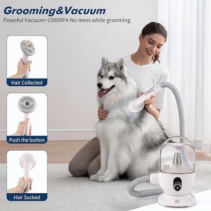 IDEALHOUSE Dog Hair Vacuum and Grooming Kit, 2L Dust Cup with 5 Grooming Tools, High Suction Power for Shedding Pet Hair, Low Noise for Stress-Free Grooming, Home Cleaning, White and Grey