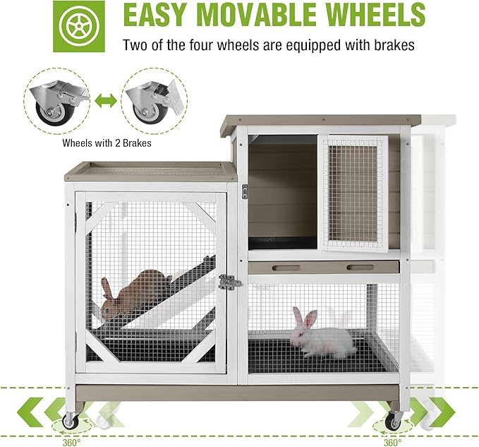 GUTINNEEN Rabbit Hutch Indoor 2 Story with 3 Doors, Outdoor Bunny Cage with Movable Wheels and Easy Clean Trays for Guinea Pig Cage 40.6" L (White and Matcha)