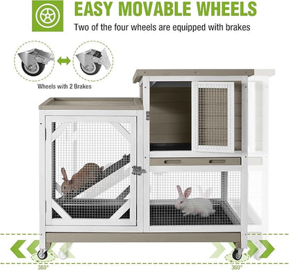 GUTINNEEN Rabbit Hutch Indoor 2 Story with 3 Doors, Outdoor Bunny Cage with Movable Wheels and Easy Clean Trays for Guinea Pig Cage 40.6" L (White and Matcha)