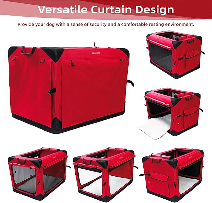 Pettycare 42 Inch Collapsible Dog Crate with Curtains Travel Dog Crate for Airflow and Calm Soft Pet Kennel with Portable Bag and More Chew Proof Mesh Indoor & Outdoor Red 4 Door Curtains
