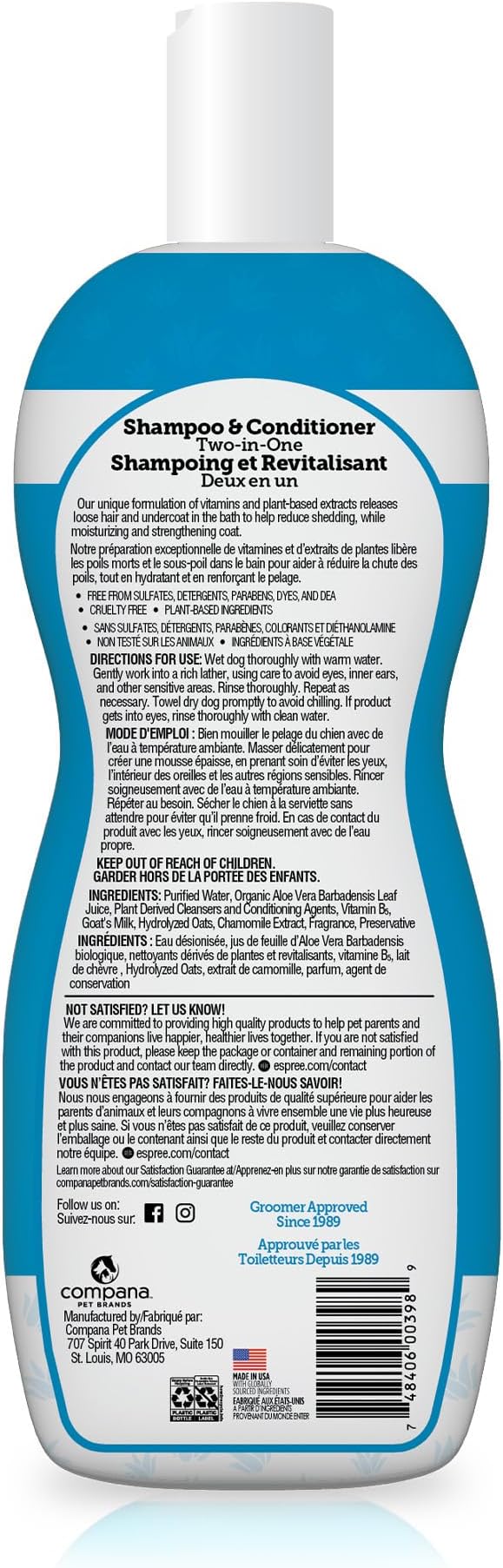 Espree Simple Shed Dog Shampoo & Conditioner, Shed Control Formula with Goat’s Milk, Oat Hydrolysates & Chamomile to Reduce Shedding, Moisturize, and Strengthen Coat, Gentle for Sensitive Skin, 20oz
