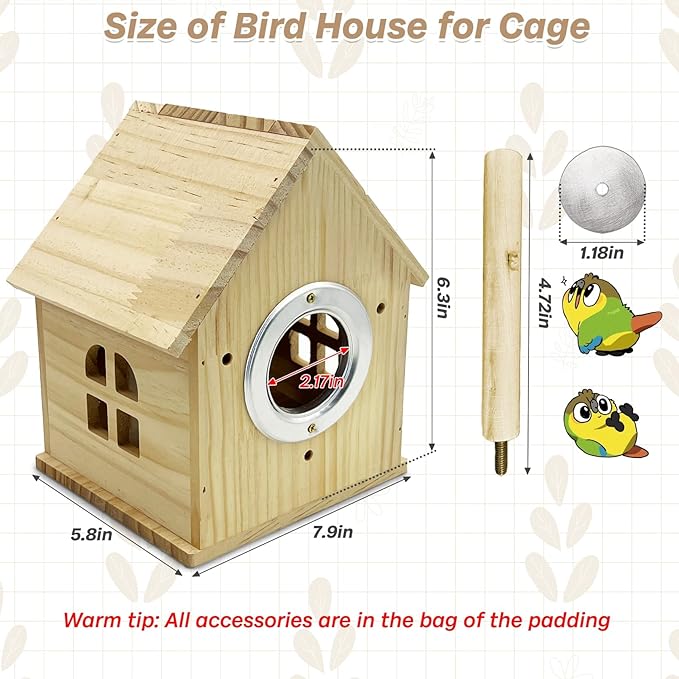 PINVNBY Parakeet Nesting Box Wooden Bird House for Cage Parrot Breeding Mating Box for Lovebirds Cockatiel Finch Cockatoo Canary and Small and Medium-Sized Birds (M: 7.91 * 6.3 * 5.82 inch)