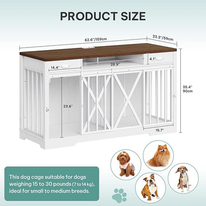 YITAHOME 63 Inch Double Dog Crate TV Stand with Charging Station, Heavy Duty Wooden Dog Crate Furniture for 2 Dogs, Dog Kennel Indoor Furniture Double Sliding Barn Door Design Ideal for 2 Dogs, White