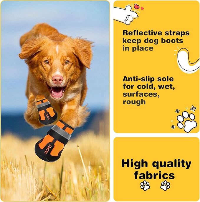 Hcpet Dog Shoes, Dog Boots for Large Dogs, Waterproof Dog Booties Paw Protector for Summer Hot Pavement, Winter Snowy Day, Outdoor Walking, Indoor Hardfloors Anti Slip Sole Orange Size 7