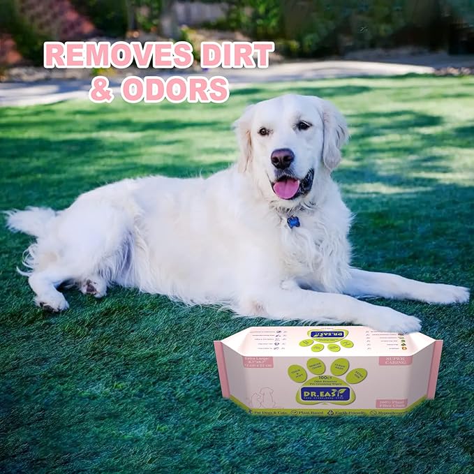 DR.EASY Super Caring Pet Wipes 100ct for Dogs and Cats, Cleans Ears, Face, Butt, Body and Eye Area  Convenient, Ideal for Home or Travel