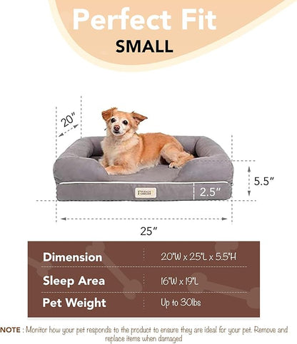 Friends Forever Small Dog Bed, Orthopedic Dog Sofa Memory Foam Mattress, Calming Dog Couch Bed, Wall Rim Pillow, Water Resistant Liner, Washable Cover, Non-Slip Bottom, Chester, Small Grey