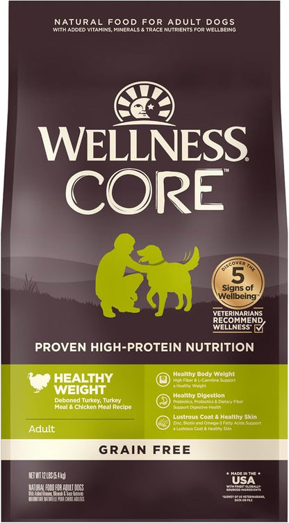 Wellness CORE Dry Dog Food, Grain-Free, High Protein, Natural, Healthy Weight Turkey & Chicken Recipe, (12-Pound Bag)