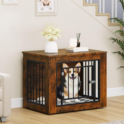 YITAHOME Dog Crate Furniture for Medium Dogs, Side End Table, Modern Dogs Kennel Indoor up to 35 lb, 2-in-1 Iron-Wood Fusion Dog Cage with Waterproof Top, Safety Corners,Steel Lock,30"L, Rustic Brown