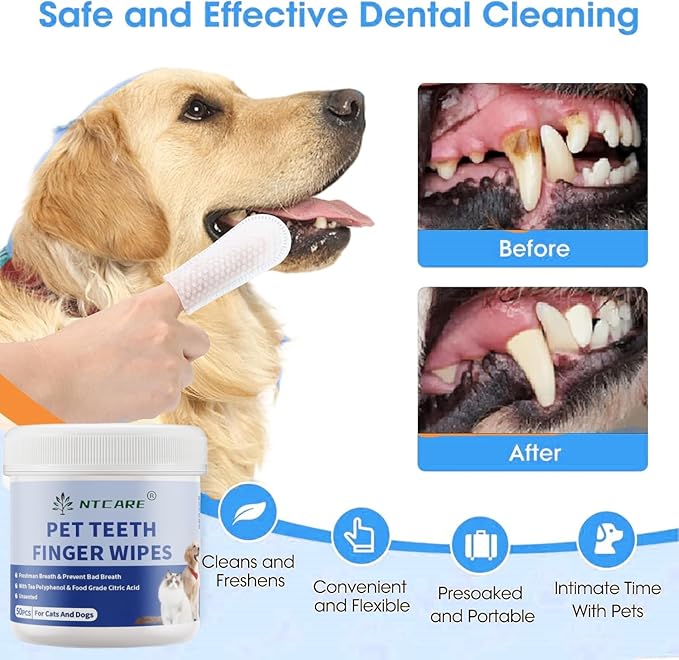 Dog Dental Care Finger Wipes - Teeth Cleaning Finger Wipes for Dog & Cats - Tooth Brushing Kit Dental Wipes for Dog - Reduces Plaque & Freshens Breath (Unscented) 50 Counts