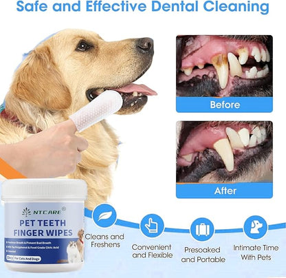 Dog Dental Care Finger Wipes - Teeth Cleaning Finger Wipes for Dog & Cats - Tooth Brushing Kit Dental Wipes for Dog - Reduces Plaque & Freshens Breath (Unscented) 50 Counts