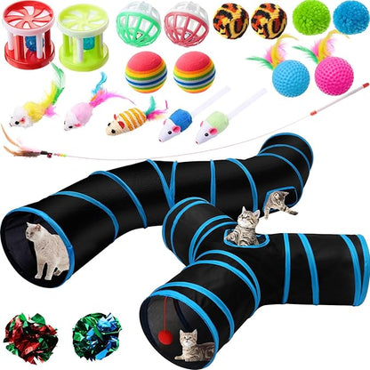 Poen 22pcs Cat Kitten Toys Set with 2 Collapsible Cat Tunnel and 20 Interactive Kitty Feather Toy, Fluffy Mouse, Crinkle Balls, for Kitten Puppy(Blue, Black)