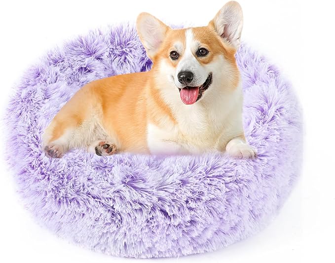NOYAL Calming Donut Dog Bed for Small to Medium Dogs & Cats - Plush Faux Fur Anti-Anxiety Pet Bed with Machine Washable Cover & Non-Slip Base