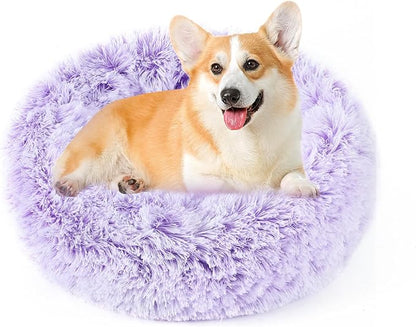 NOYAL Calming Donut Dog Bed for Small to Medium Dogs & Cats - Plush Faux Fur Anti-Anxiety Pet Bed with Machine Washable Cover & Non-Slip Base