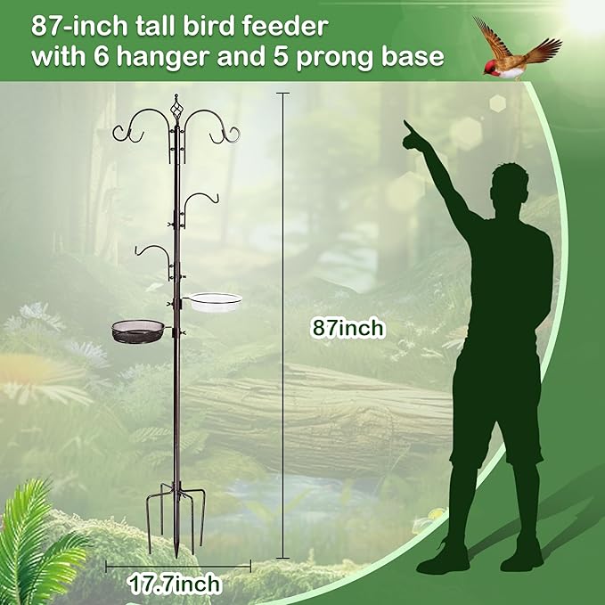 Bird Feeding Station Kit, 87 Inches Bird Feeder Pole for Outside, Premium Feeder Stand Hanging Kit with Water Bowl, Mesh Tray and Metal Suet for Attracting Wild Birds