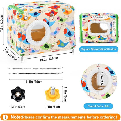 Cotton Bird Bed & Hammock for Cage - Winter Snuggle Nest with Entry Hole, Observation Window & Screw/Chain Mounting for Parakeets, Cockatiels