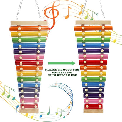 Dnoifne Large Colorful Bird Xylophone Toy, Suspensible Funny Xylophone Toy with 15 Metal Keys, Cage Accessories for Chicken Chick Birds Parrots Parakeets Cockatiels Budgies Love Birds