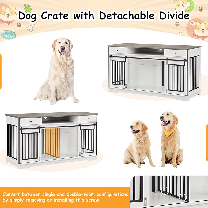 3-in-1 Double Dog Crate Furniture, 66.1 Inch White Furniture Kennel for Large Dogs with Divider, Dog Kennel Dog Crates TV Stand with 2 Drawers and Sliding Doors