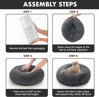 OhGeni Calming Donut Cat Beds For Indoor Cats, Machine Washable Plush Warming Bed For Kitten & Puppy, Anti-Slip Round Cuddle Comfort Pet Bed, Cozy Fluffy Fur Bed for Small Cats & Dogs, Gray, 20 inches