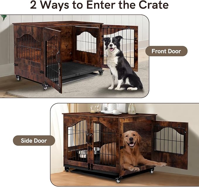 Snowtaros Dog Crate Furniture with 360° Rotatable Hidden Bowls, Heavy Duty Wooden Dog Kennel with Double Doors, Dog Cage End Table Indoor with Removable Tray Swiveling Wheels for Small Medium Dogs