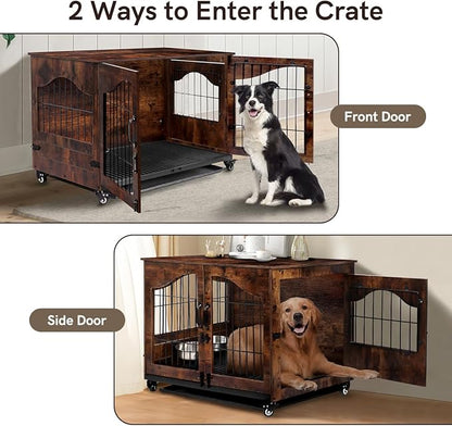 Snowtaros Dog Crate Furniture with 360° Rotatable Hidden Bowls, Heavy Duty Wooden Dog Kennel with Double Doors, Dog Cage End Table Indoor with Removable Tray Swiveling Wheels for Small Medium Dogs