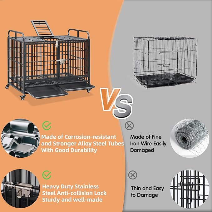Lauren&Harold 42 Inch Heavy Duty Dog Crate Furniture for Medium/Large Dogs, Metal Dog Kennel Indoor with Top Door&Feed Door, Medium Dog Cage with Removable Tray&Wheels, Furniture Dog crates Pet House