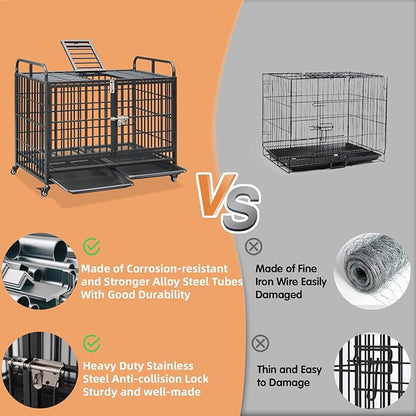 Lauren&Harold 42 Inch Heavy Duty Dog Crate Furniture for Medium/Large Dogs, Metal Dog Kennel Indoor with Top Door&Feed Door, Medium Dog Cage with Removable Tray&Wheels, Furniture Dog crates Pet House