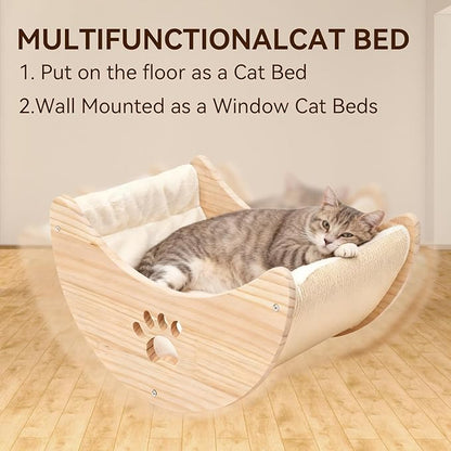 Cat Window Perch Hammock Bed for Indoor Cats Wooden Moon Cat Shelves with Strong Suction Cup Cat Furniture for Sleep Watch Birds Sunbathing Soft Warm Pet Bed