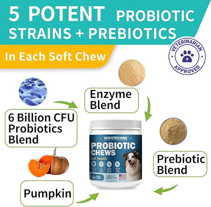 Probiotics for Dogs, Improve Itchy Skin Itchy Ears, Gut Health, Yeast Balance, Allergies, Immunity, Dog Probiotics and Digestive Enzymes with Prebiotics, Reduce Diarrhea (180 Chews, Steak)