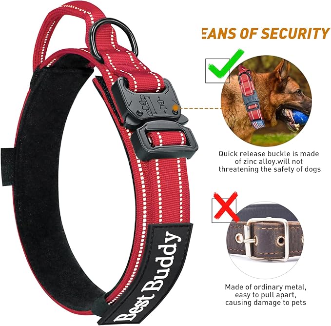 AUBELL Reflective Dog Collar, Tactical Dog Collar Military Dog Collar Adjustable Nylon Dog Collars with Handle and Heavy Metal Buckle Great for German Shepherd, with Airtag Case and Patches(Red, M)