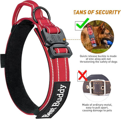 AUBELL Reflective Dog Collar, Tactical Dog Collar Military Dog Collar Adjustable Nylon Dog Collars with Handle and Heavy Metal Buckle Great for German Shepherd, with Airtag Case and Patches(Red, M)
