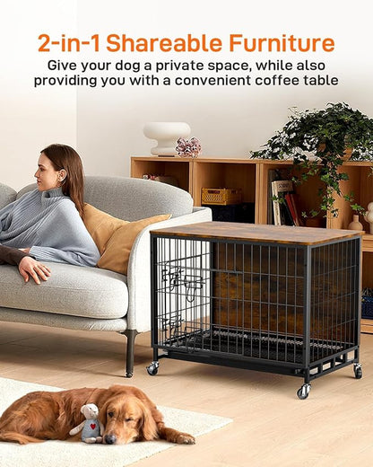 Dog Crate Furniture, Dog Kennel with Dual Doors, Removable Tray & 360° Wheels, Indoor for Large Dogs (Brown & Black, Large)