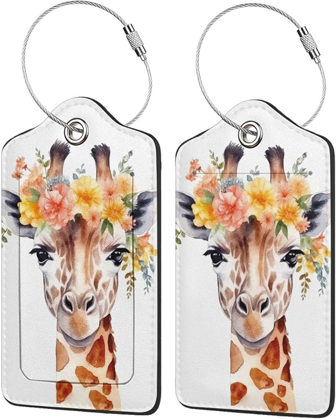2 Pcs Watercolor Giraffe Luggage Tag for Suitcase, Identifiers Privacy Cover ID Label with Steel Loop, Party Decorations Giraffe Tags Birthday Gifts for Men Women Kids Travel