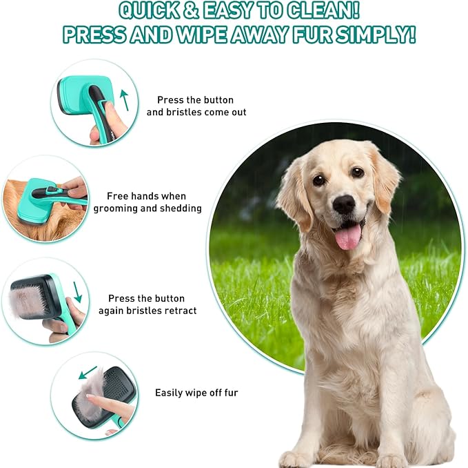 Dog Brush for Shedding, Self-Cleaning Slicker for Short & Long Haired Pets, Removes Mats, Tangles, Fur, Gentle on Skin, Ideal for Small, Medium, Large Dogs. Includes Flea Comb & Nail Clipper