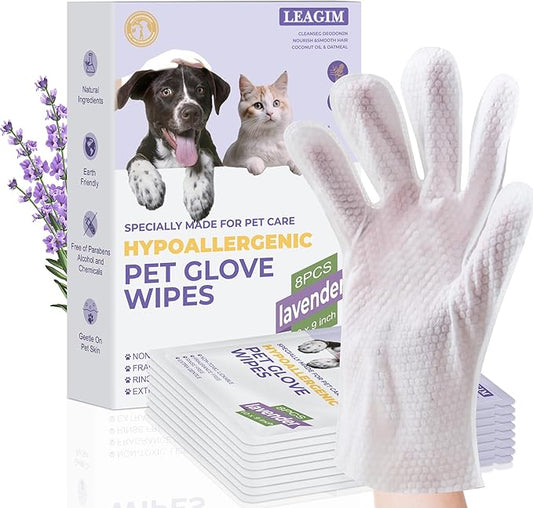 Pet Cleaning Glove Bathing Wipes for Dogs and Cats, Hypoallergenic Deodorizing No-Rinse Grooming Wipes for Paws, Body, and Butt, Perfect for Cat Dry Cleaning, Daily Care and Travel, Lavender, 8 Pcs
