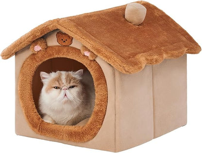 JIUPETY Cute Cat Beds for Indoor Cats, Foldable Cat House with Non-Slip Bottom, S Size Kitten Bed Up to 8 Lbs Kitty, Brown