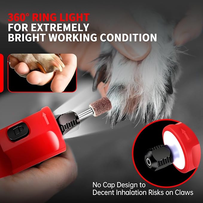 Dog Nail Grinder - Upgraded Pet Nail Grinder, Electric 5 Speeds LED Lights Ring Rechargeable Dog Nail Trimmers Kit, 40 Accessories Cordless Pet Nail Grinder for Dogs Cats and Small/Medium Animals Red