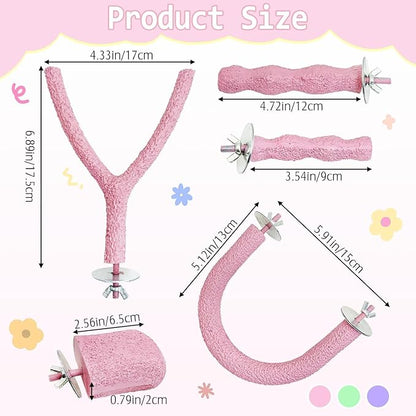 PINVNBY 5 Pack Bird Perch Resin Bird Beak Grinding Stone Parrot Cage Stand Platform Foot Claws Trimmer Chew Toy Cage Accessories for Budgie Cockatiel Conure Lovebird Finch (Pink)