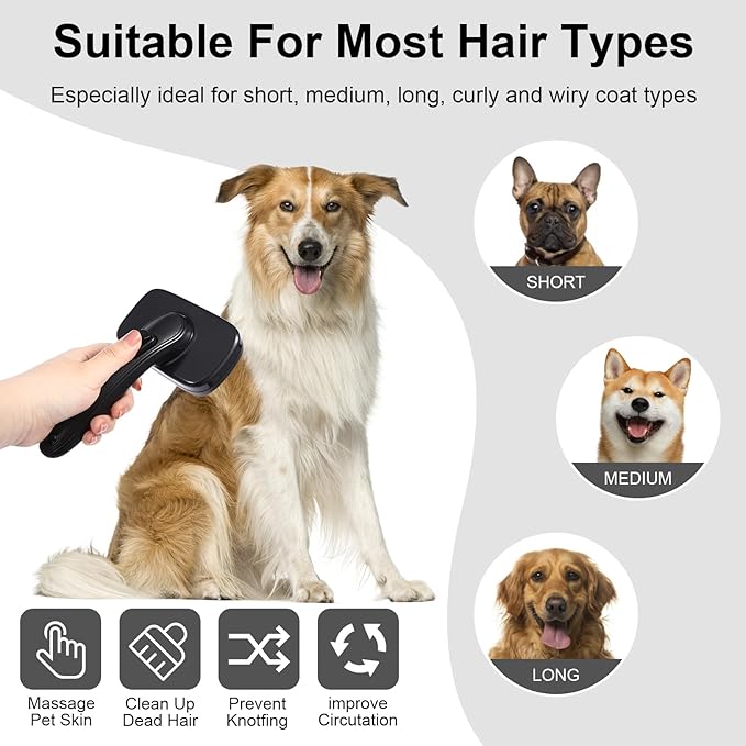 Dog Brush for Shedding & Grooming Small Medium Large Dogs & Cats - Remove Loose Fur, Knot, Undercoat. Suitable for Long Short Hair Lengths sensitive Animals, Black