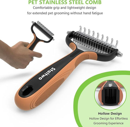 Deshedding Dog Brush for Shedding - 2-in-1 Professional Undercoat Rake and Furminator for Dogs | Shedding Control for Long-Haired Dogs and Cats, Deshedding Tool, Knot Removal,Orange