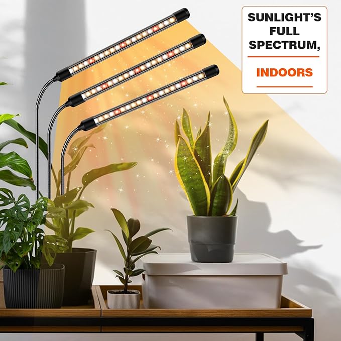 3 Heads Plant Lights for Indoor Growing, 2 Pack Grow Lights for Seed Starting, Full Spectrum Clip Grow Lamps with Auto ON & Off Timer 3/9/12H, 3 Switch Modes, 10 Dimming for Houseplants