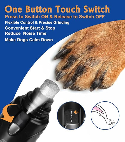 Dog Nail Grinder, Dog Nail Trimmers and Clippers Kit, 2-Speed and LED Light, Powerful Touch-Switch, Quiet and Low-Vibration Pet Nail Trimmers for Large Dogs, Medium, Small Dogs Cats Pets