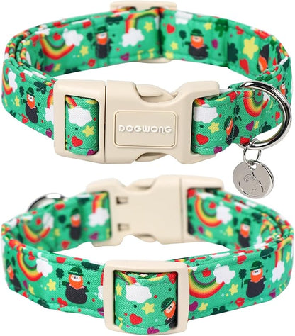 DOGWONG St. Patrick's Day Dog Collar, Lucky Clover Shamrock Green Dog Collar Soft Durable Adjustable Costume Bright Lucky Charm Puppy Collar for Small Medium Large Dog