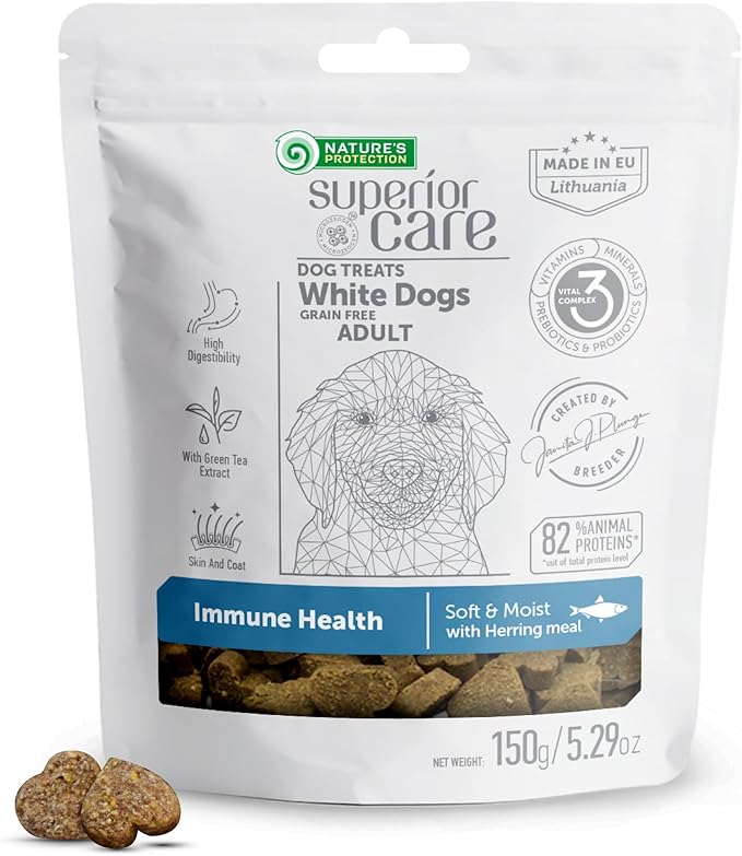 Nature's Protection Grain Free Low Calorie Dog Treats - Training Treats for Small, Medium & Large Breed Adult Dogs with Light Fur (Superior Care - Herring, 5.29 oz)
