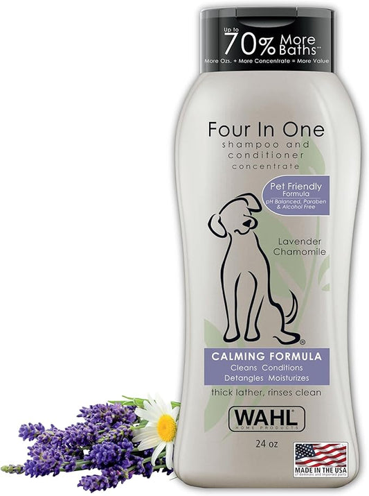 Wahl USA 4-in-1 Calming Pet Shampoo for Dogs  Cleans, Conditions, Detangles, & Moisturizes with Lavender Chamomile - Pet Friendly Formula - 24 Oz - Model 820000A