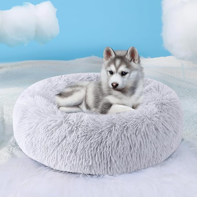 HYQ Small Dog Bed, Pet Beds for Small Dogs, Cat Beds for Indoor Cats, Fluffy Faux Fur Plush Small Dog Bed, Washable Puppy Bed with Anti-Slip Bottom, Dog Bed Medium Size Dog (Light Gray, 28 Inch)
