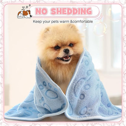 Tegeme 12 Pieces Pet Blanket Soft Fleece Dog Fluffy Doggie Warm Felt Throw Spring Cute Paw Print Puppy Kitten Sleep Mat Bed Covers for Cat (30 x 20 Inch,Pink,Gray,Blue)