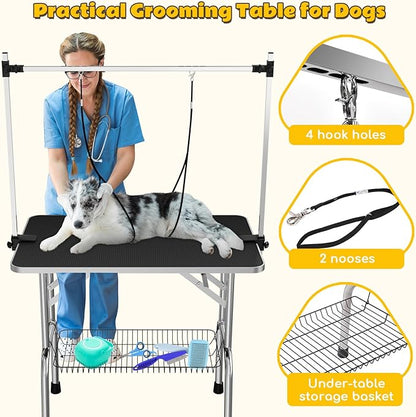 46" Dog Grooming Table, Adjustable Grooming Table for Dogs at Home, Foldable Pet Grooming Table with Arm, Noose, Mesh Tray, Portable Large Dog Grooming Table Maximum Capacity 300 LBS, Black