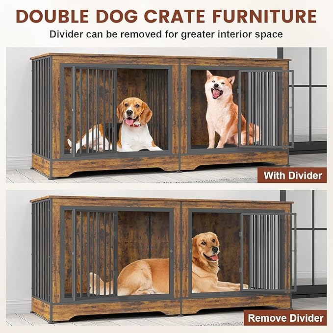 75 Inch Double Dog Crate Furniture, 3 in 1 Dog Cage for Large Dogs, Durable Brown TV Stand Dog Crate with Trays and Divider, Double Dog Kennel for 2 Dogs
